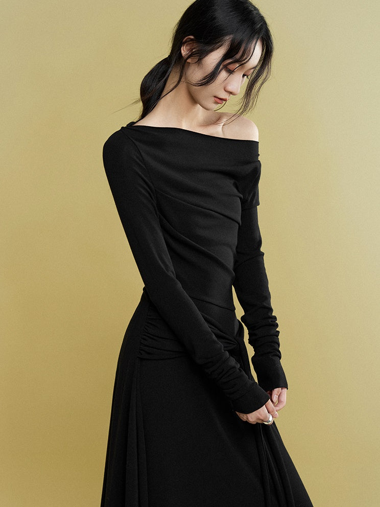 Loose Pleated Waist Ribbon Knit Dress