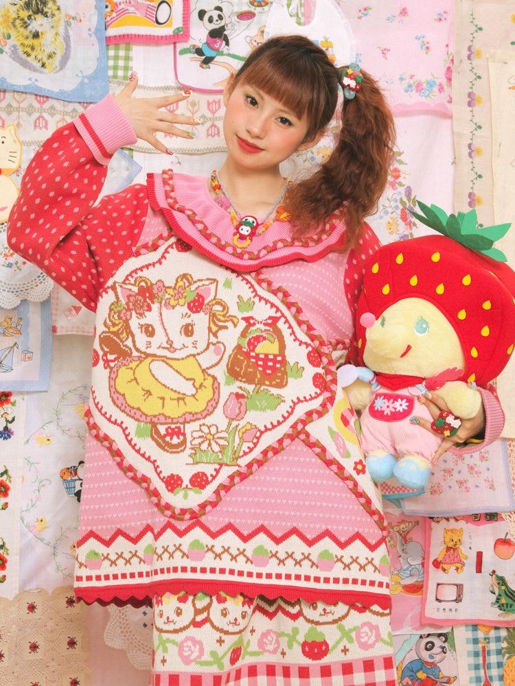 Large Lapel Cat Strawberry Jacquard Pullover Sweater