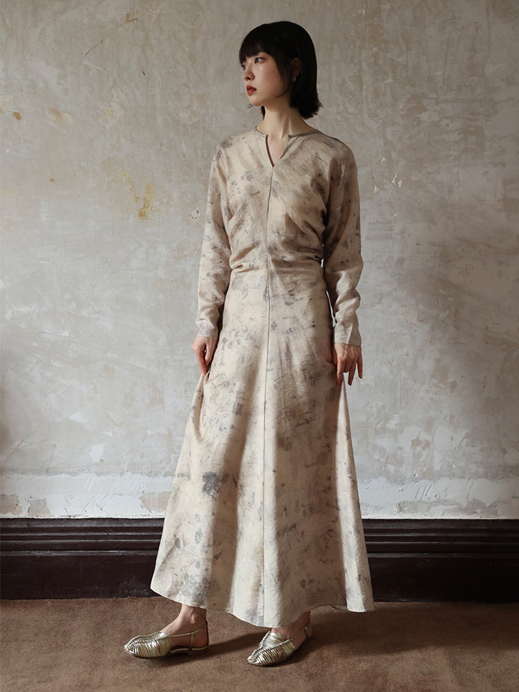 V-neck Long-sleeved Printing And Dyeing Dress