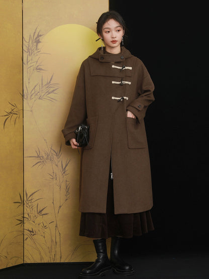 Horn Button Hooded Mid-Length Coat