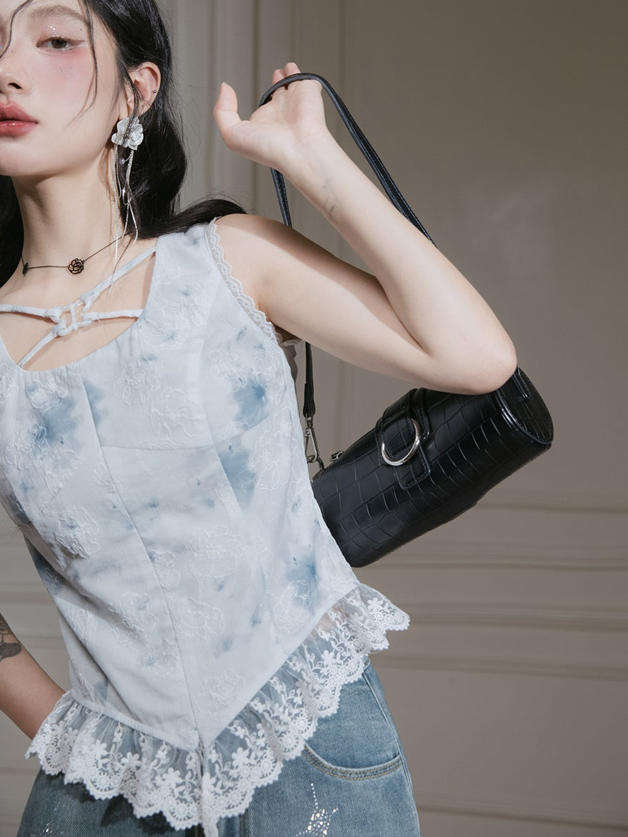 Rose Ink Printed Lace Sleeveless Top ＆ Irregular Hem Skirt Set-up