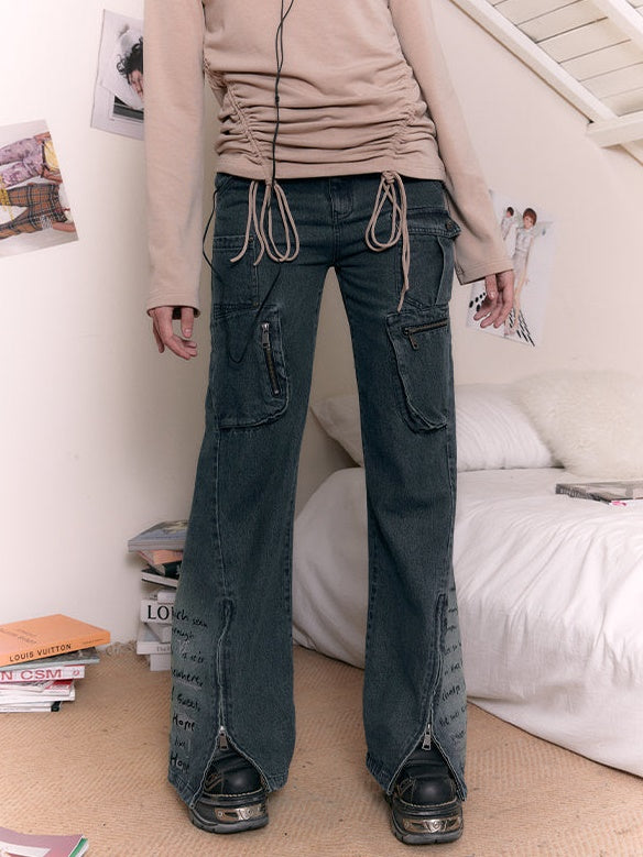 Printing Old Zipper Flare Jeans