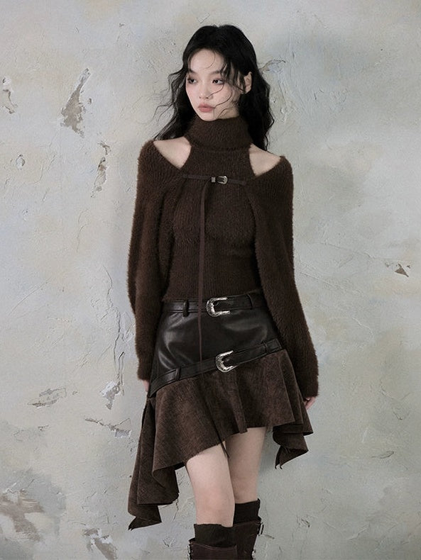 Belt Accent Irregular Thin Leather Switching Skirt