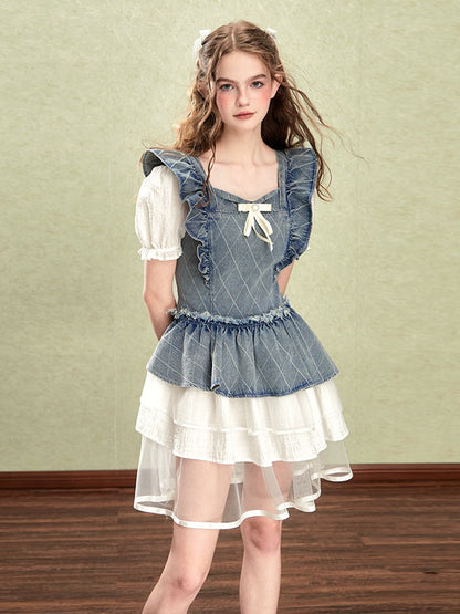 Petite manche volante couture en denim fausse robe en deux pièces