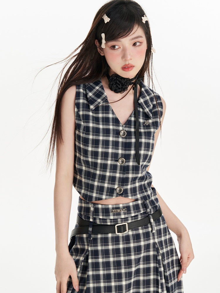 Plaid Short Vest &amp; High Waist A-line Long Skirt