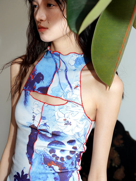 Chinese Printing Slim Stand Collar Tank Top