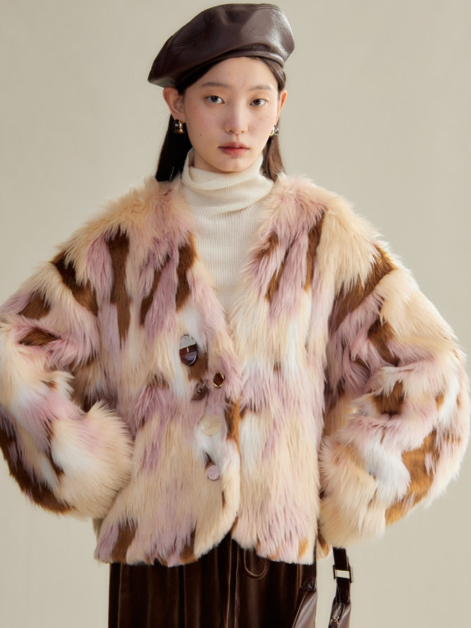 Contrast Color Eco-friendly Fur Short Furry Coat