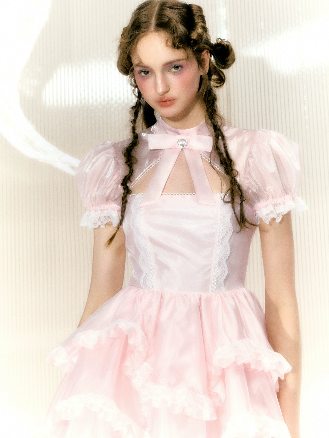 Narrator Original Design Light Pink Organza Rhinestone Bow Short-sleeved Lace Princess Dress