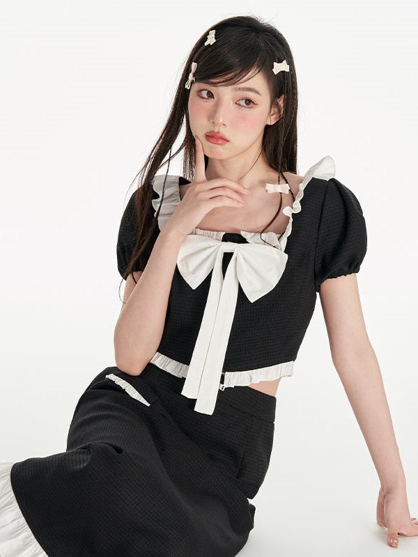 Small Fragrant Wind Puff Sleeve Ruffle Top &amp; Ruffle Skirt