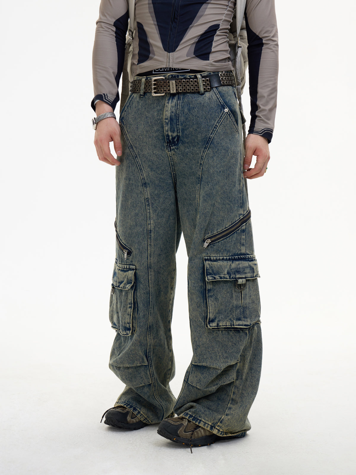 Detachable Suspender Washed Multi-pocket Cargo Jeans