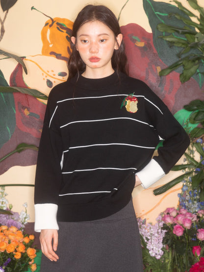 Apple Embroidery Border Round Neck Sweater