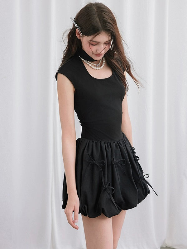 Hollow Stand-up Collar Bow Flower Bud Short Dress