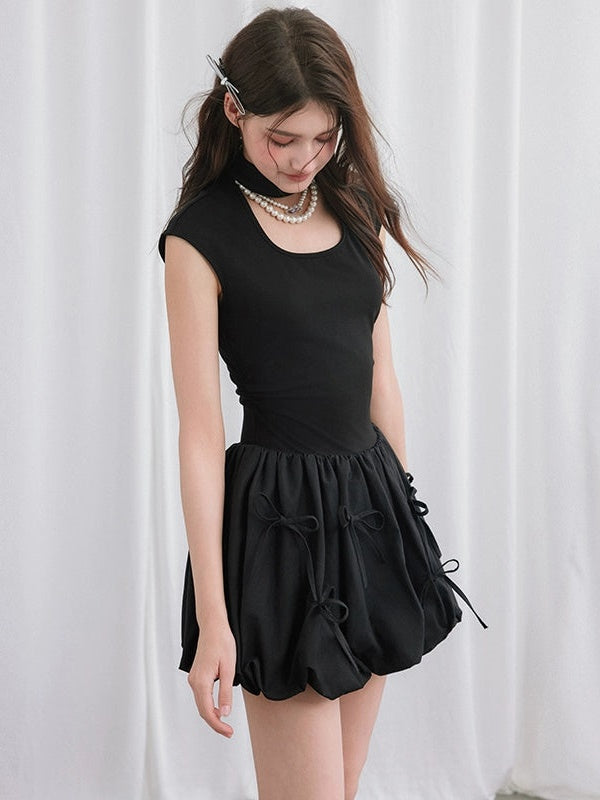 French Sleeve Romantic Cut-out Stand Collar Bow Bud Dress