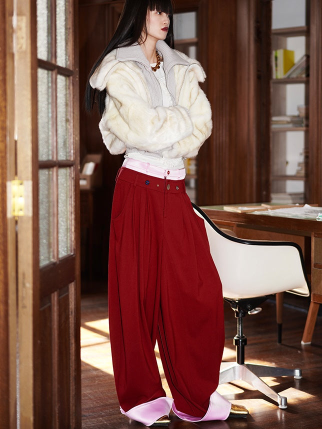 Contrast Color Loose Flap Wide Leg Pants