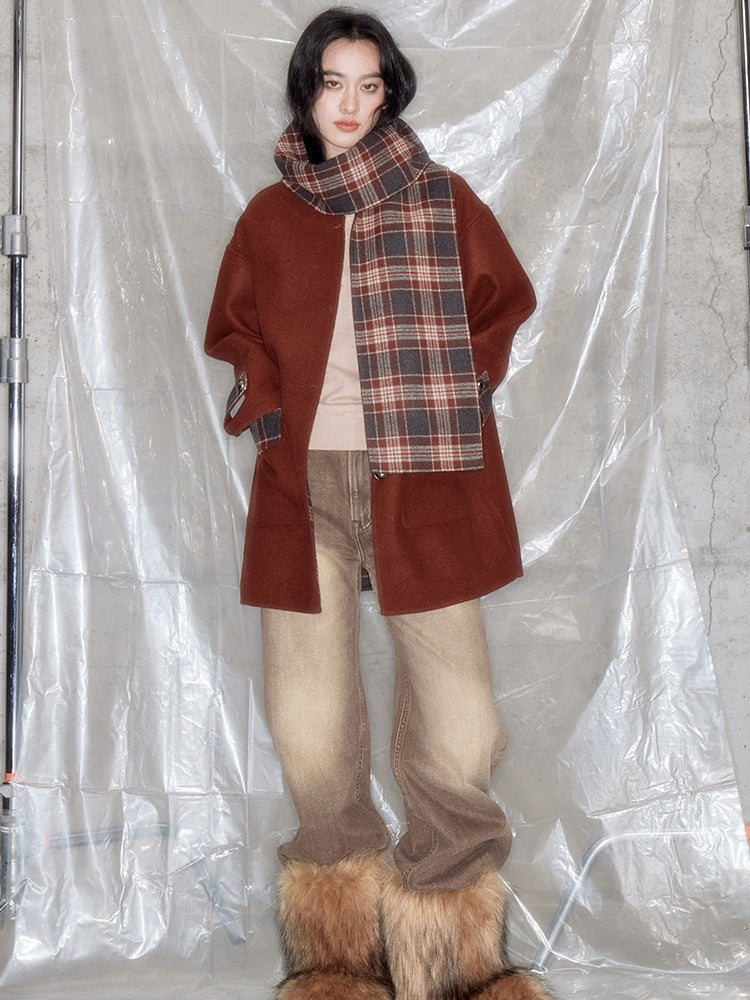 Plaid No-Collar Double-sided Coat