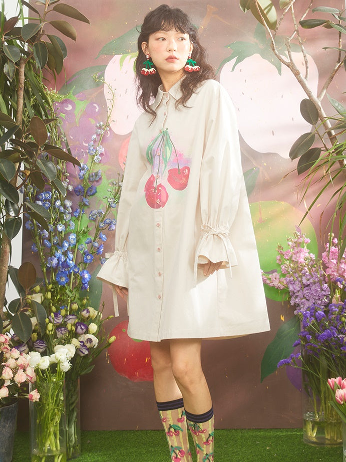 Romantic Gradient Oil Painting Cherry Print Shirt Dress