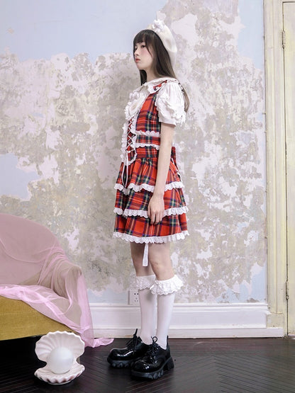 Plaid Cat Print Lace Suspender Dress