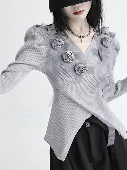 Cross V-neck Rose Splicing Sweater