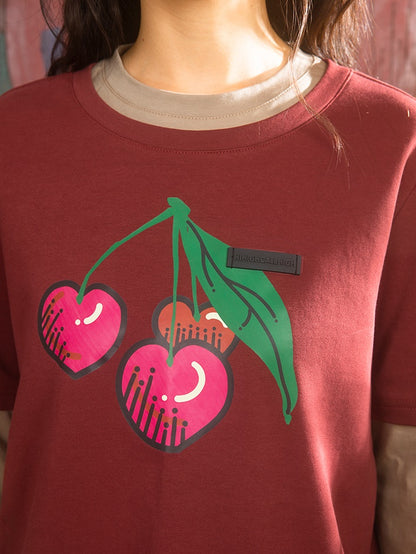 Cherry Print Fake Layered Long-sleeved T-shirts