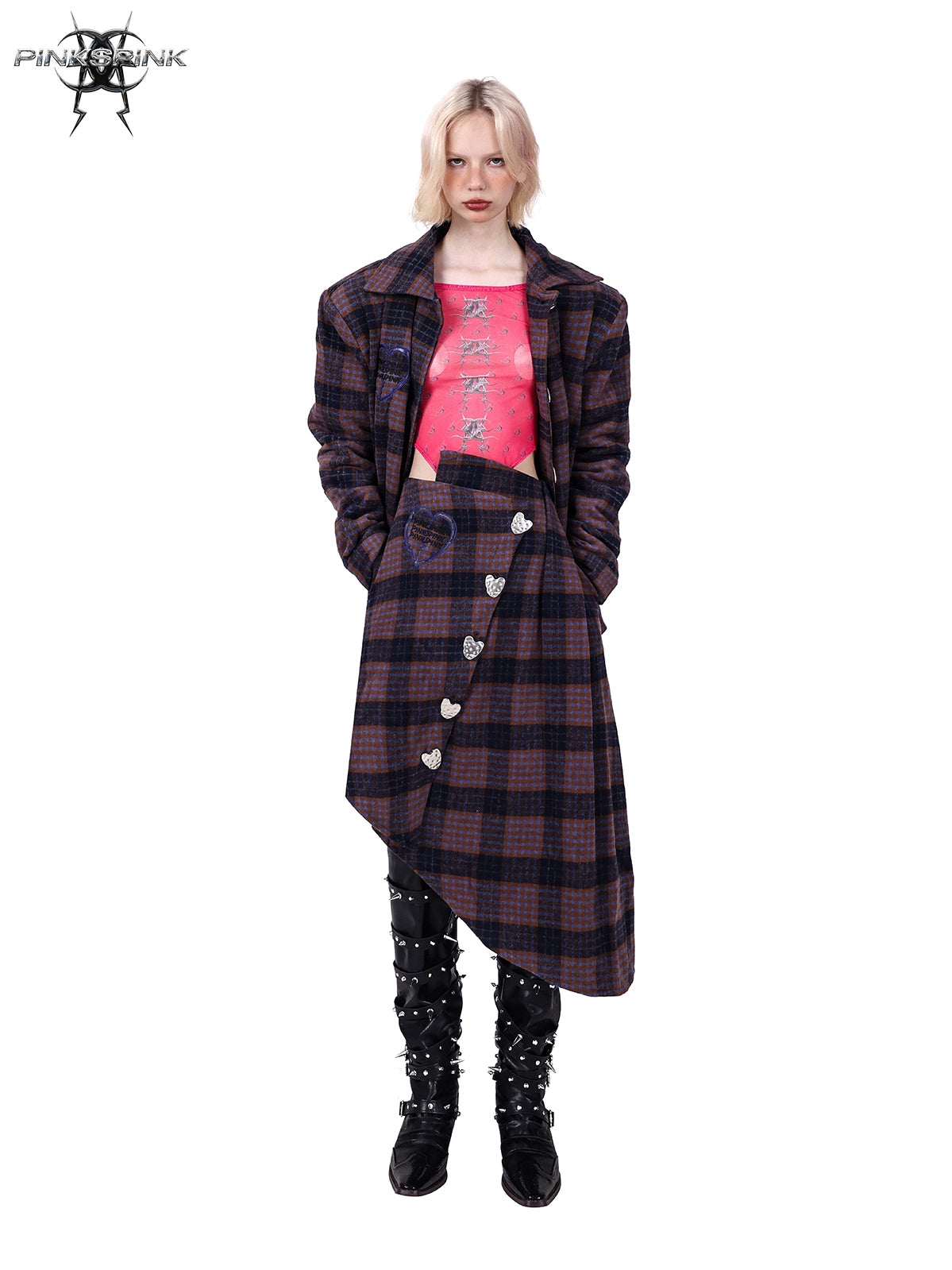 Plaid Heart Button Short Jacket ＆ Asymmetry Hem Skirt