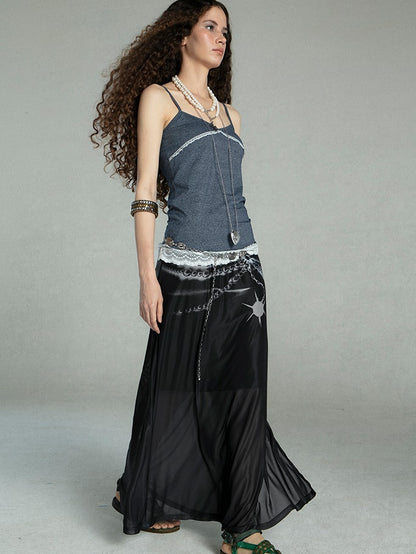 Spider Printing Short T-shirt &amp; Low Waist Chain Printing Long Skirt