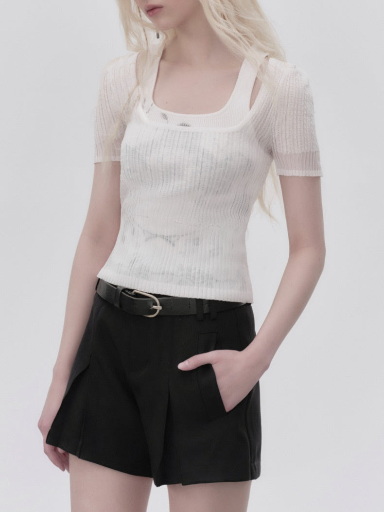 Square Collar Transparent Knitted Short-sleeved T-shirt