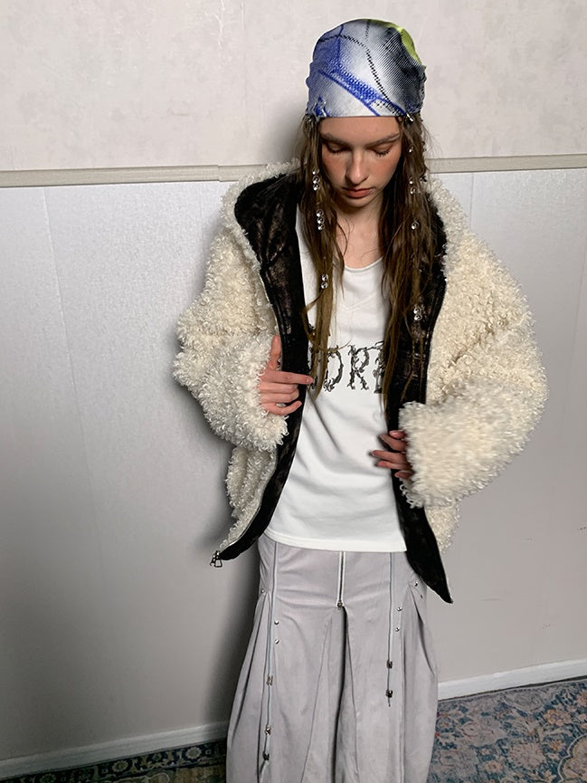 Metallic Fur Reversible Hooded Jacket