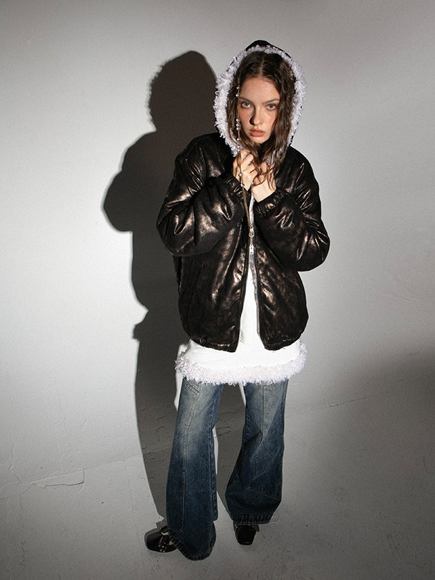 Metallic Fur Reversible Hooded Jacket