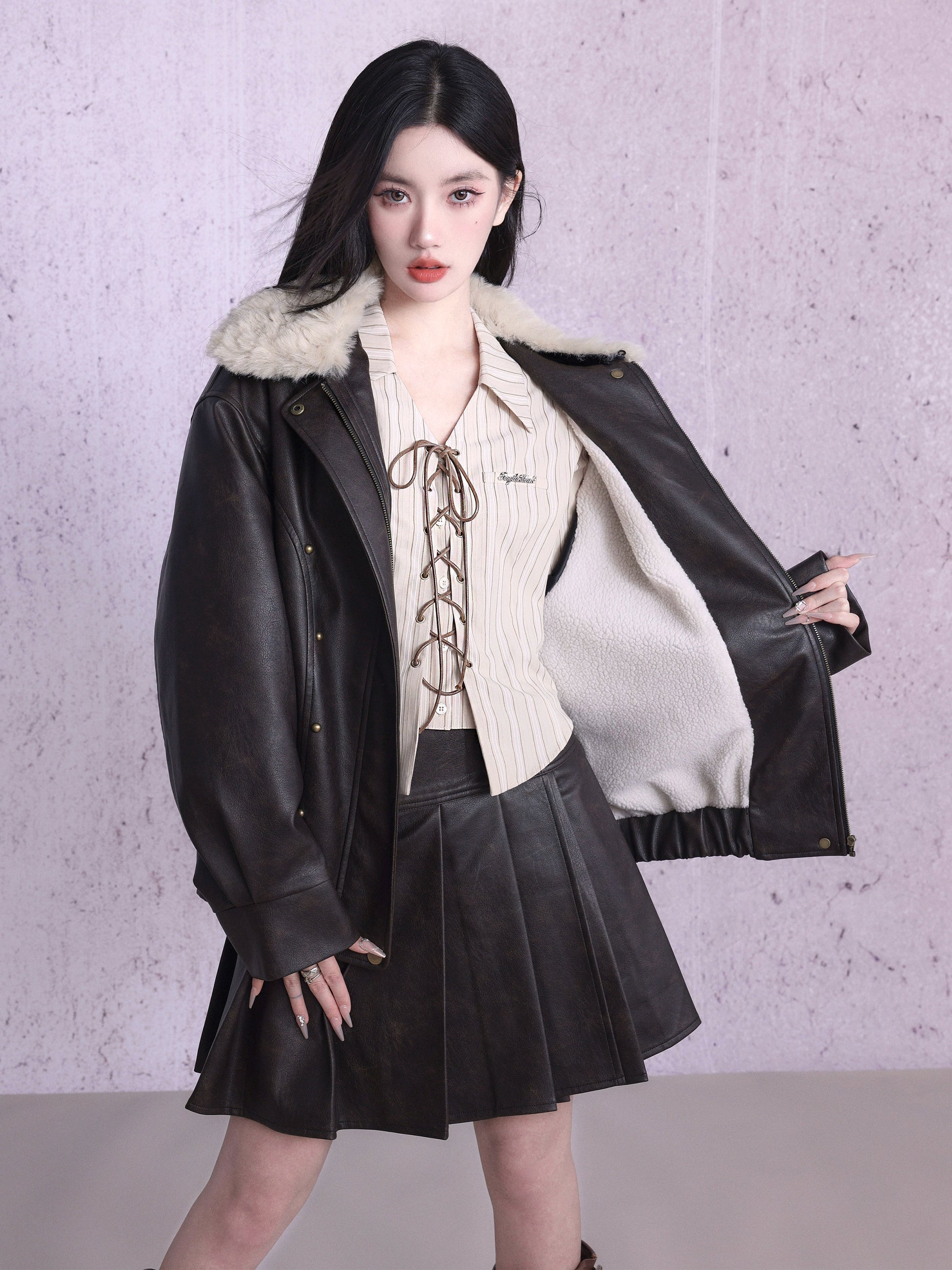 Plus Velvet Leather Jacket &amp; Pleat Skirt