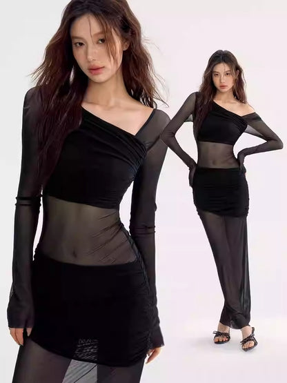 See-Through Sexy Mesh Long Asymmetry Open-Shoulder Dress