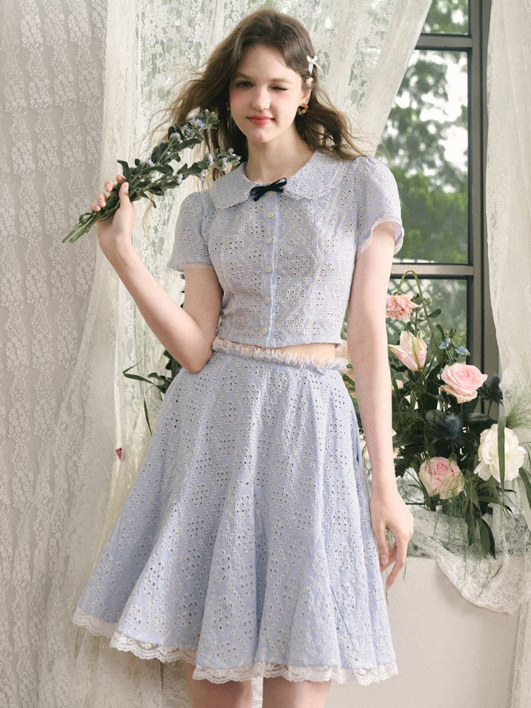 College Style Doll Collar Cutwork Lace Shirt ＆ Flare Skirt