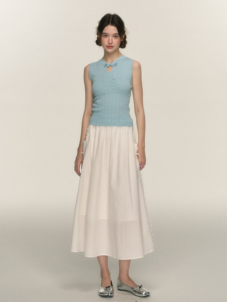 Side Lace Stitch Long Gather Skirt