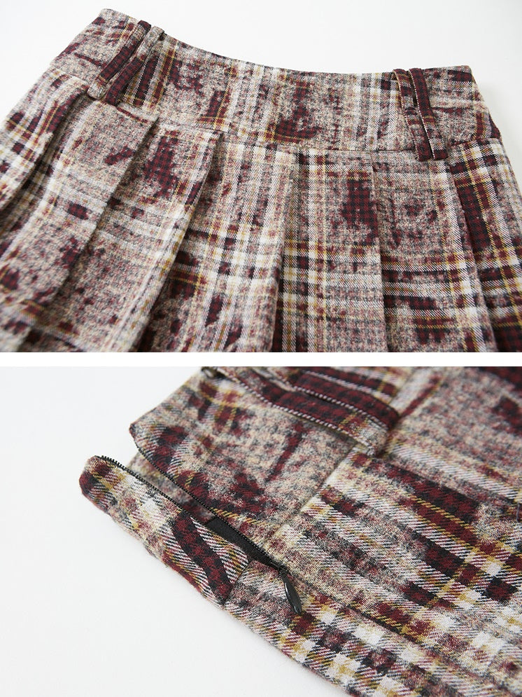 Plaid Loose Long Sleeve Shirt ＆ Pleated Skirt