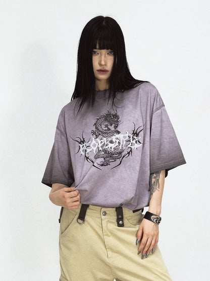 Dirty-dyed Chinese Dragon Print Round Neck T-shirt