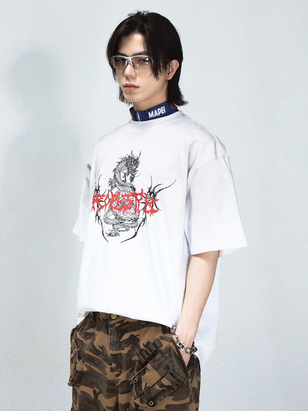 Dirty-dyed Chinese Dragon Print Round Neck T-shirt