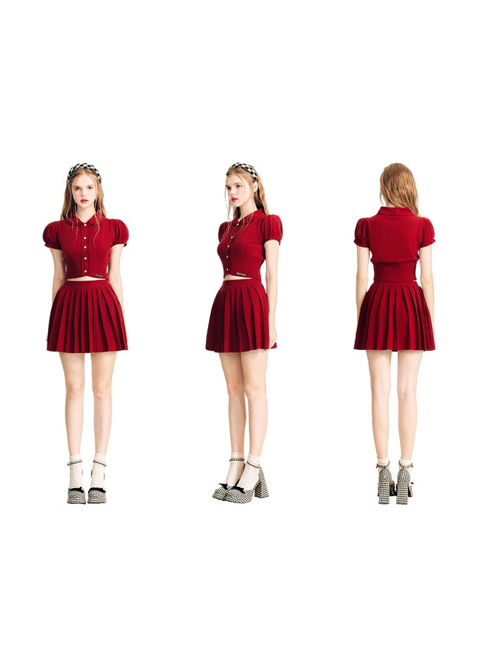 Puff Sleeve Knitted Sweater &amp; Pleated Mini Skirt