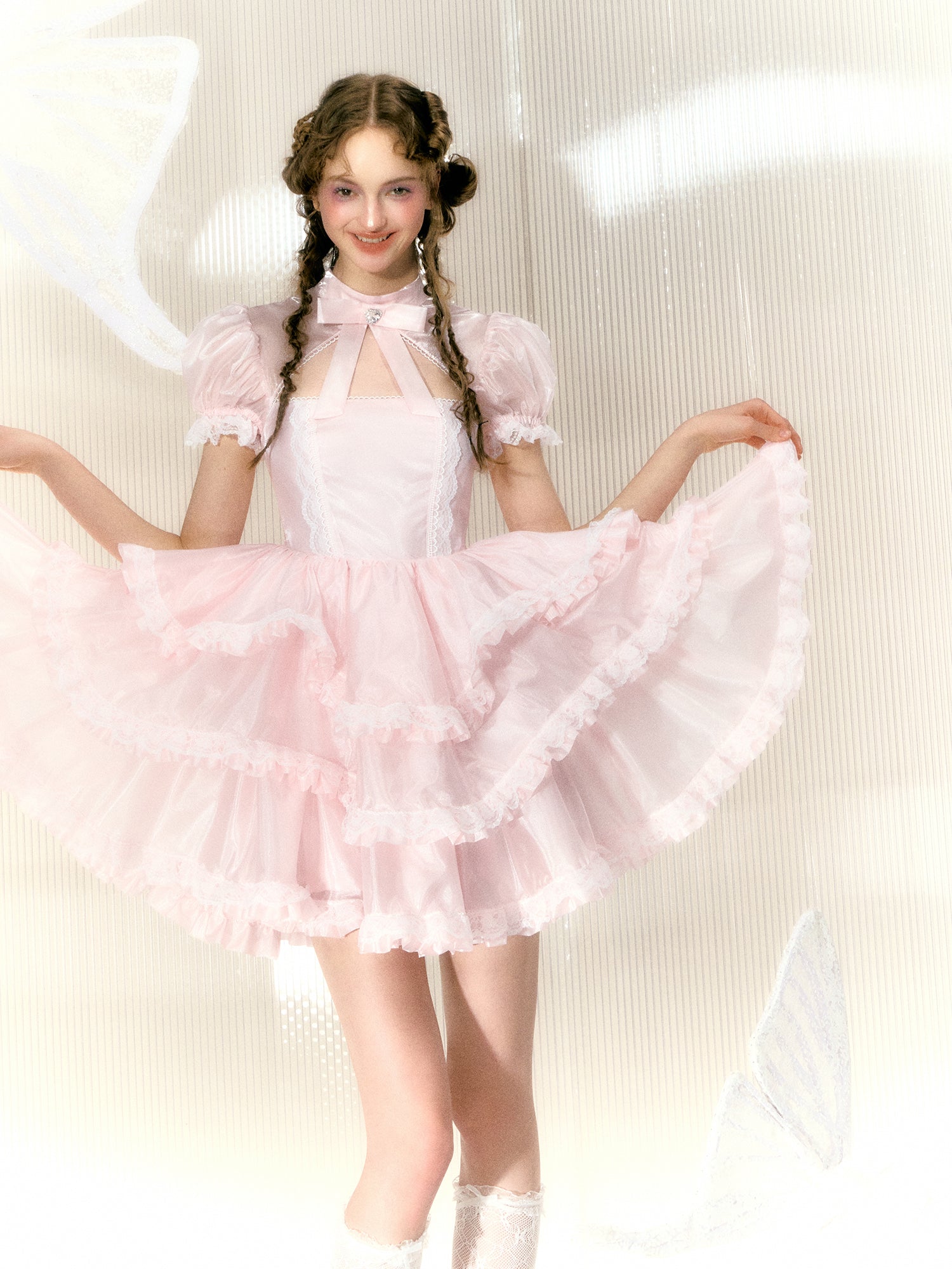 Organza Rhinestone Bow Short-sleeved Lace Princess Dress