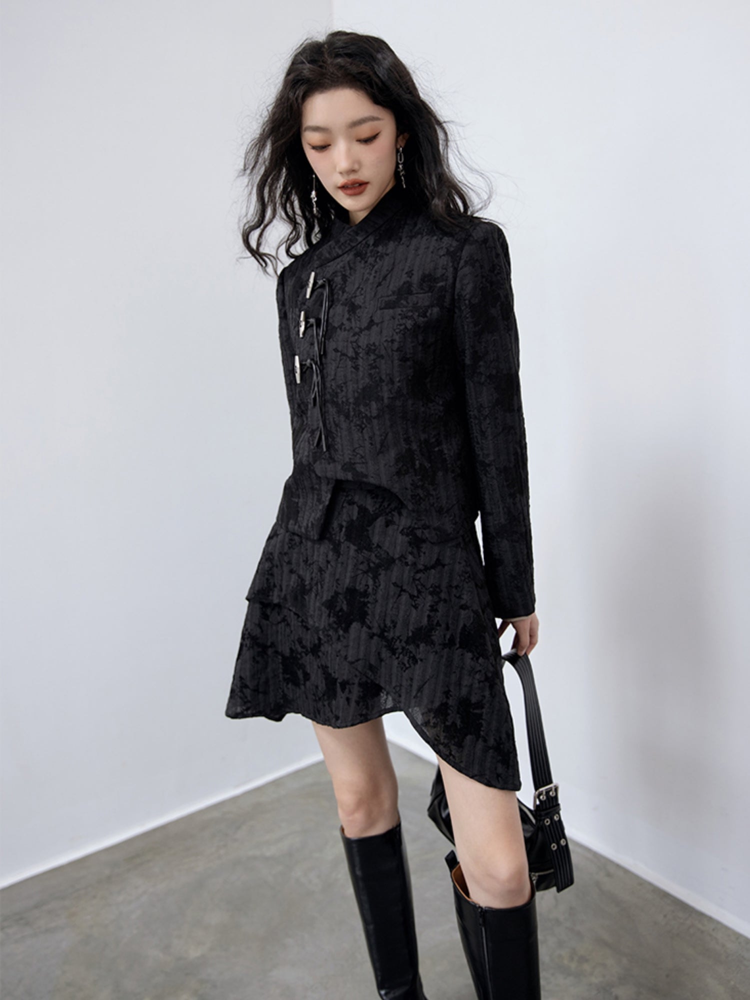 Flocking Chinese Button Asymmetry Jacket ＆ Skirt