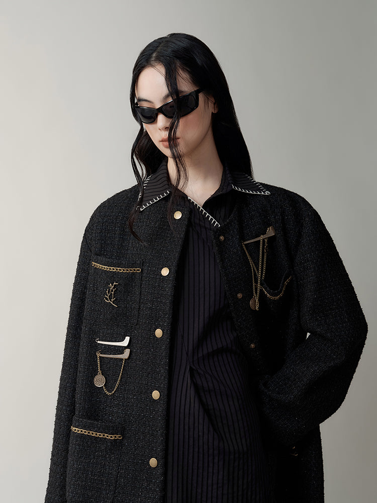 Blended Yarn Texture Chain Accent No-Collar Jacket