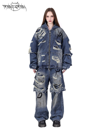 Holes Loose Genderless Hooded Denim Jacket