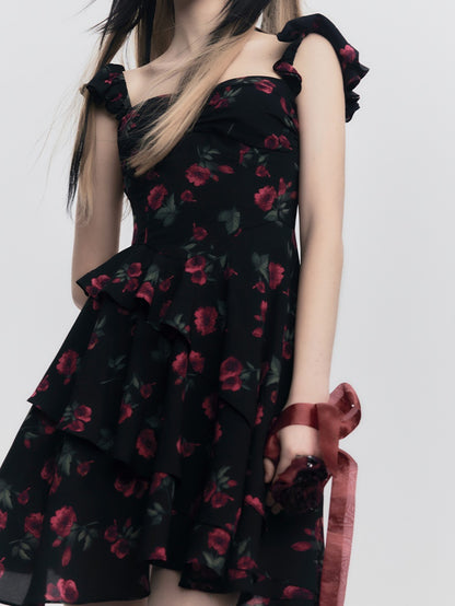 Rose Floral Belt Chest Strap Dress