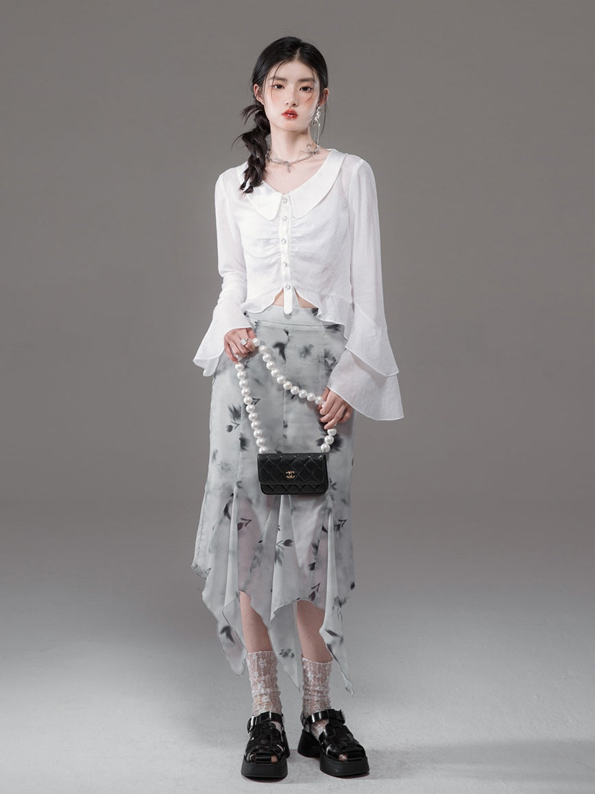 Semi-transparent Chiffon Bell Sleeve Shirt