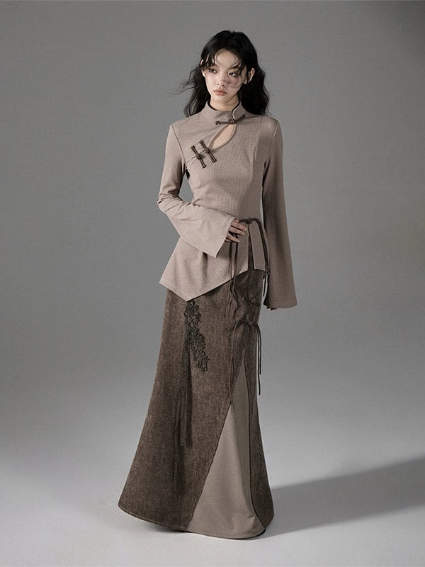 Chinese Style Buckle Switching Maxi Skirt