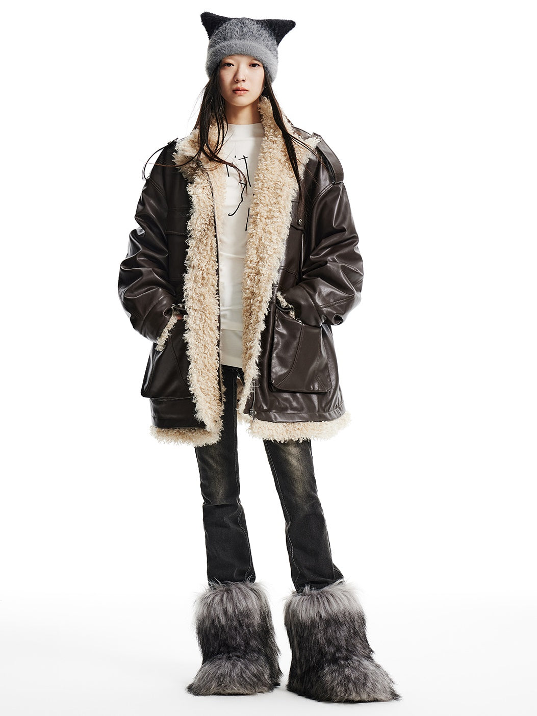 Curly Fur Splicing PU Leather Work Half Coat