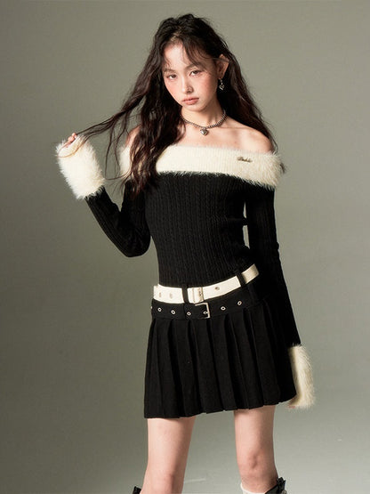 Off-shoulder Knit Double Belt One-piece