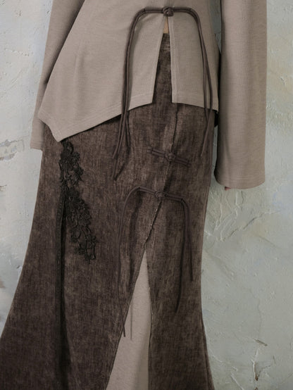 Chinese Style Cut-out Mao Collar Top ＆ Spliced Maxi Skirt