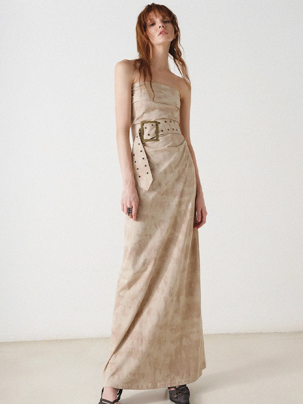 Bare Top Slim Long Dress With Belt