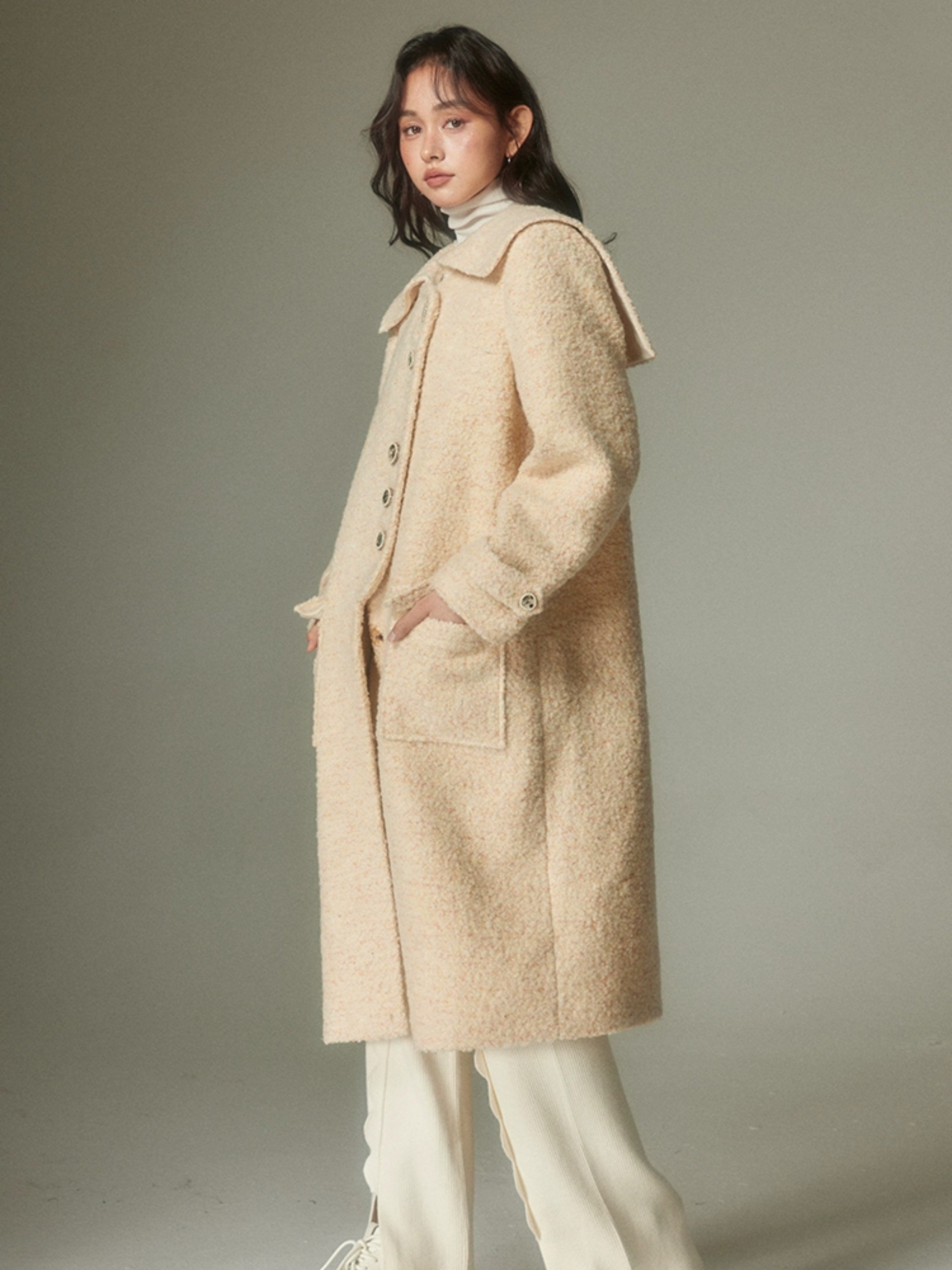 Large Lapel Design Button Middle Length Coat