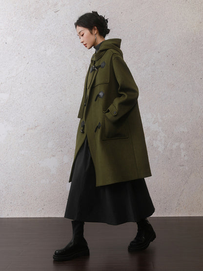 College Style Horn Button Hooded Coat