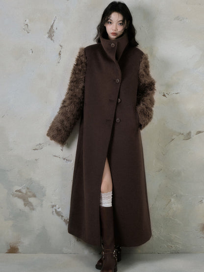 Plush Fur Sleeve Splicing Stand Collar Coat